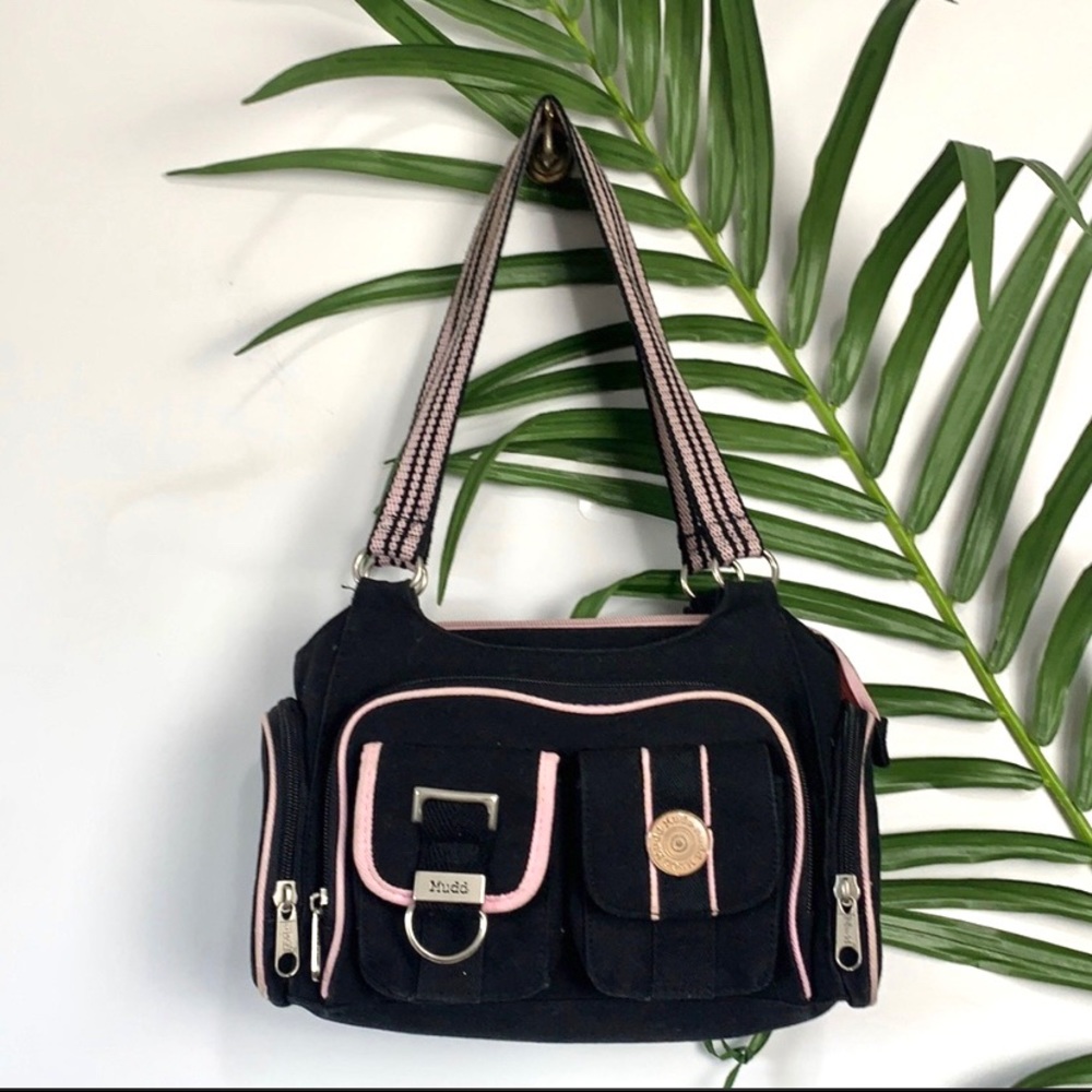 Y2K Mudd Micro Black & Pink Mini Duffel Style Purse Bag 2000s